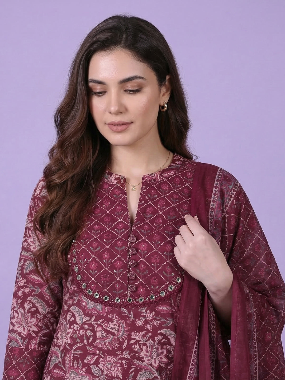 Printed Cotton Blend Kurta With Pant &amp; Dupatta
