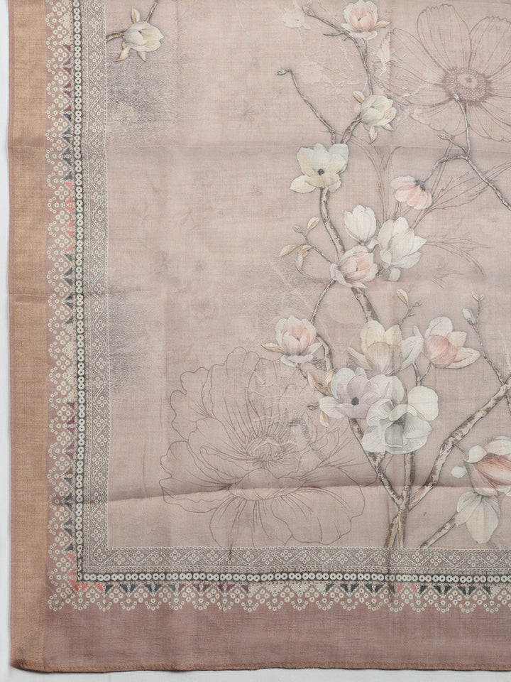 Printed Linen Blend Unstitched Suit With Pant &amp; Dupatta