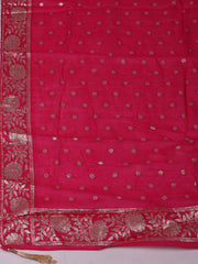 Embroidered Chanderi Cream-Rani Unstitched Suit With Pant & Dupatta