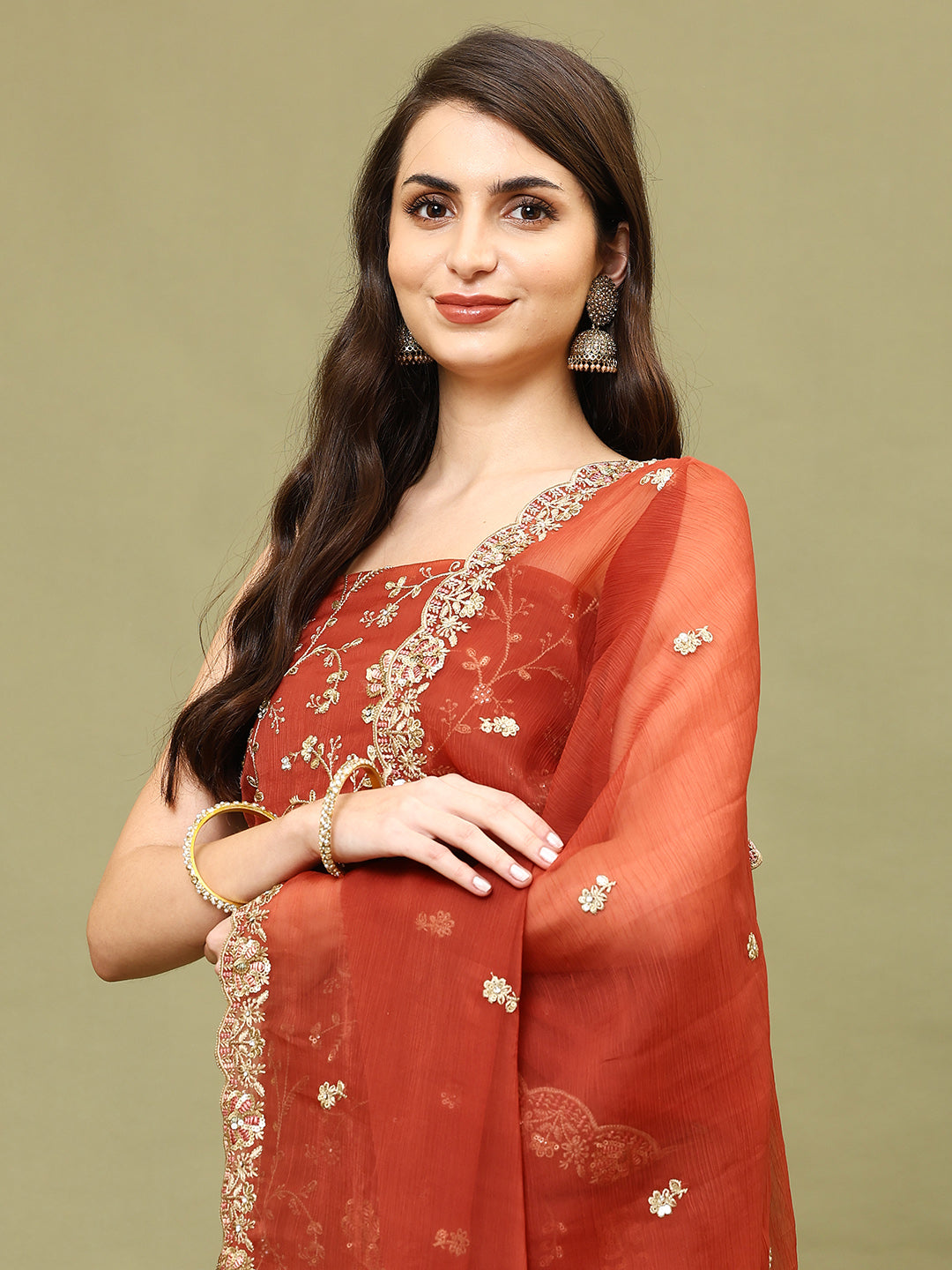 Sequins Work Chinon Unstitched Suit Piece With Dupatta
