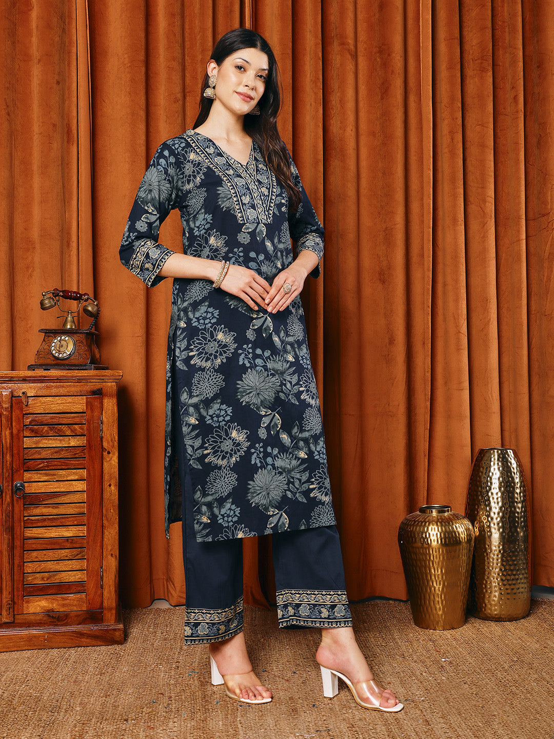 Printed Cotton Blend Kurta With Pants &amp; Dupatta