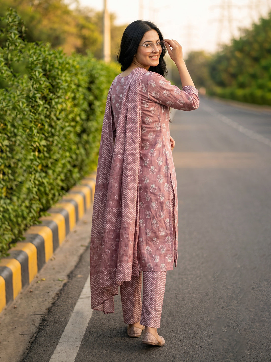 Rust Printed Cotton Blend Straight V Neck Suit Set