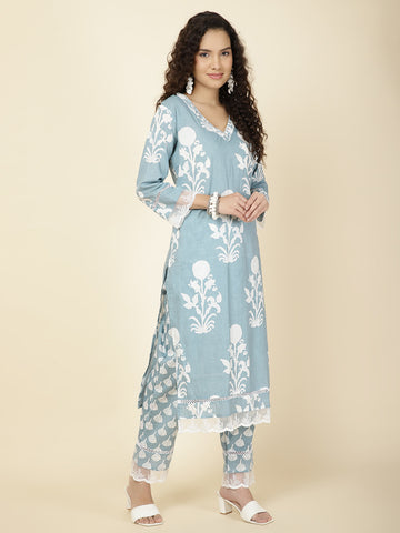 Floral Printed Cotton Kurta With Pants & Dupatta