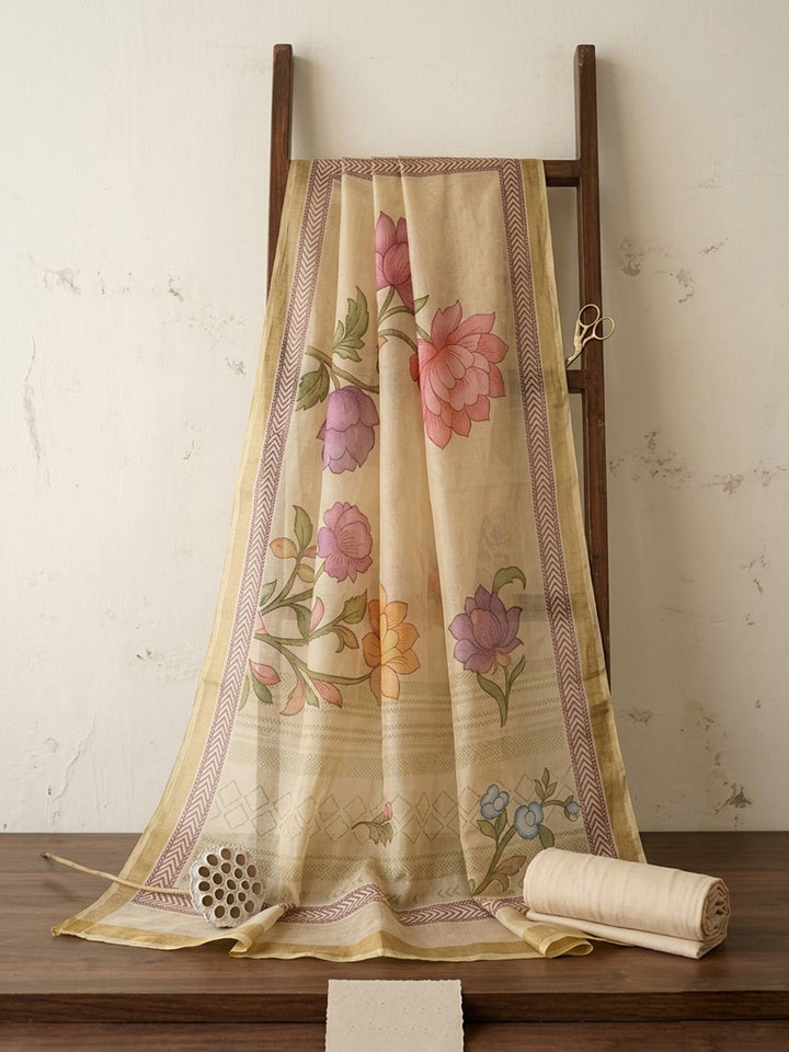 Embroidered Linen Blend Unstitched Suit With Pant &amp; Dupatta