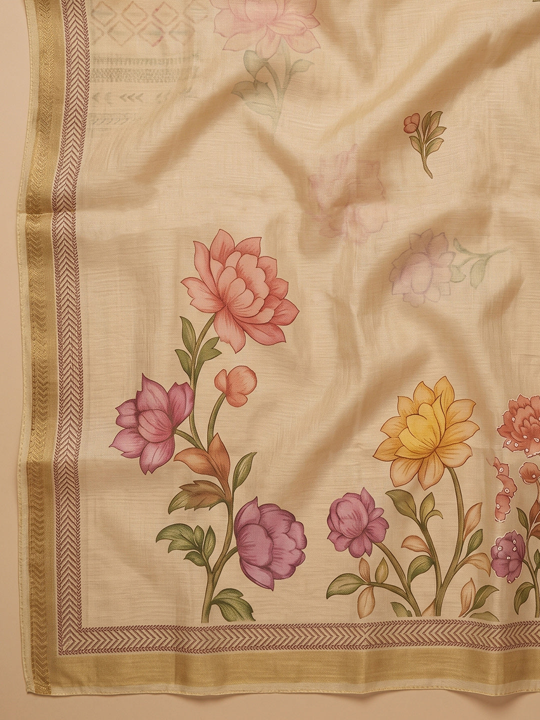 Beige Embroidered Linen Blend Unstitched Suit With Pant &amp; Dupatta