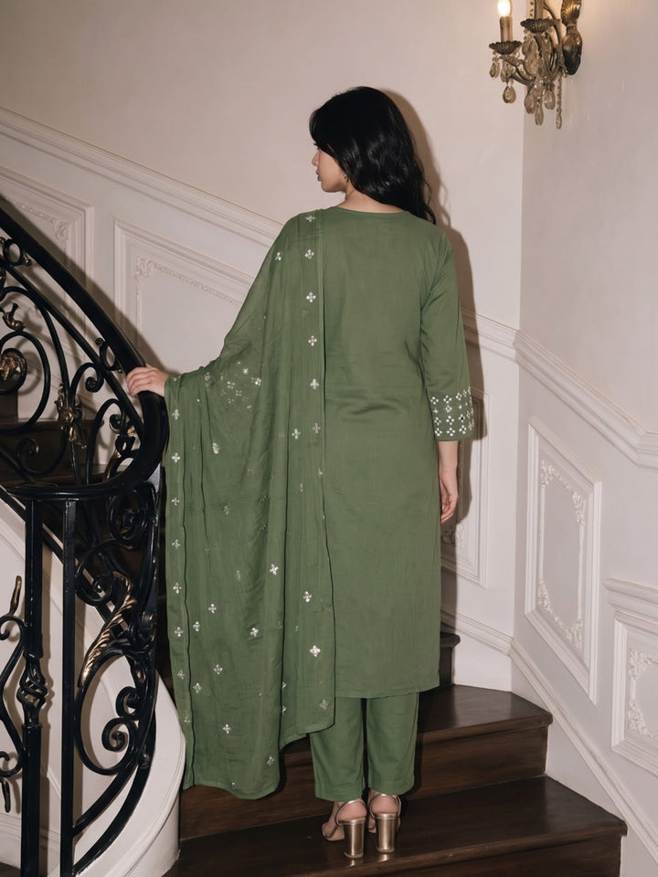 Green Printed Cotton Blend Kurta With Pant &amp; Dupatta