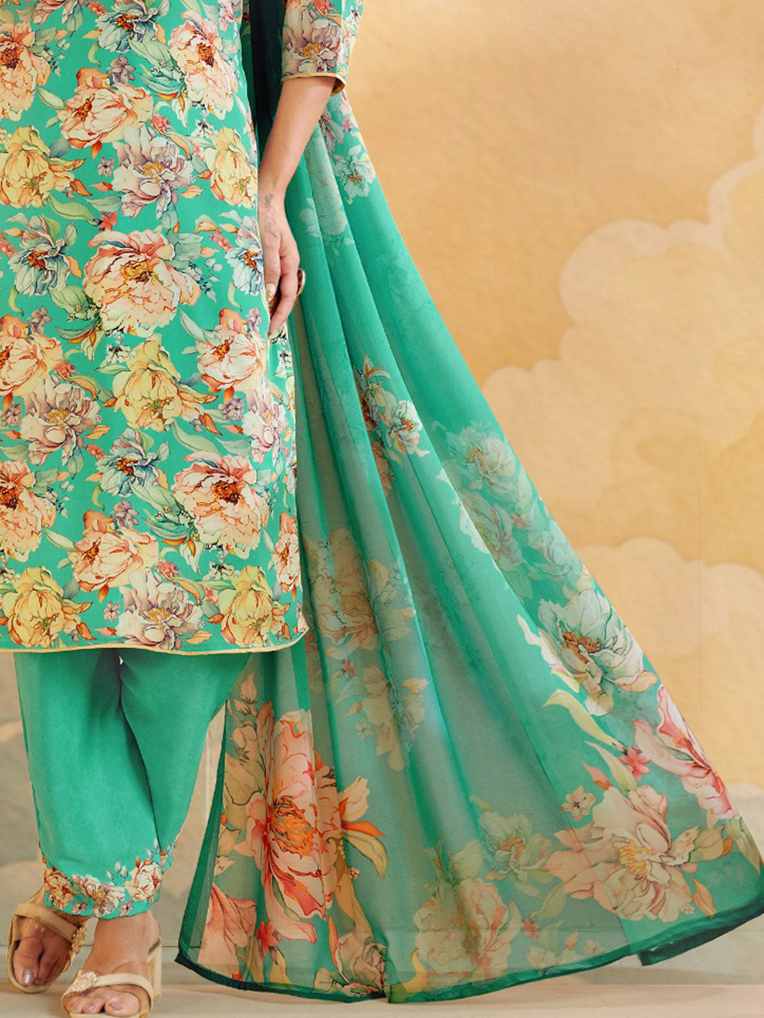 Printed Crepe Unstitched Suit With Pant &amp; Dupatta