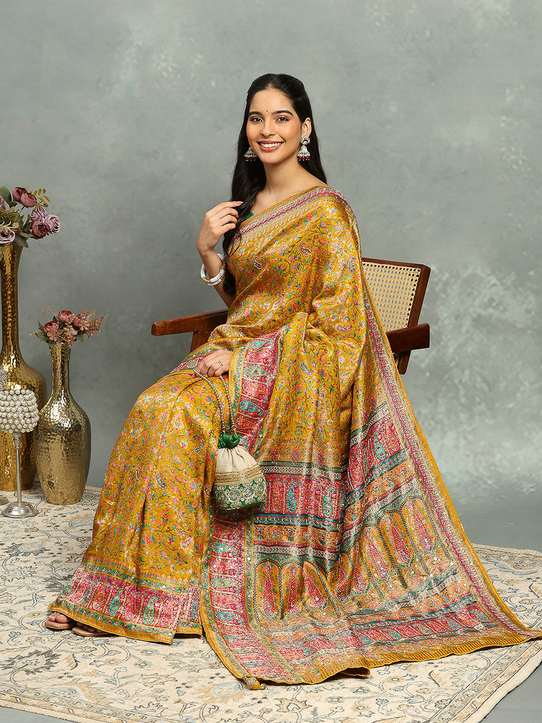 Floral Woven Embroidered Dola Silk Saree
