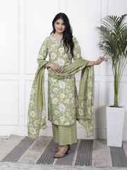 Printed Cotton Blend Kurta With Pants & Dupatta