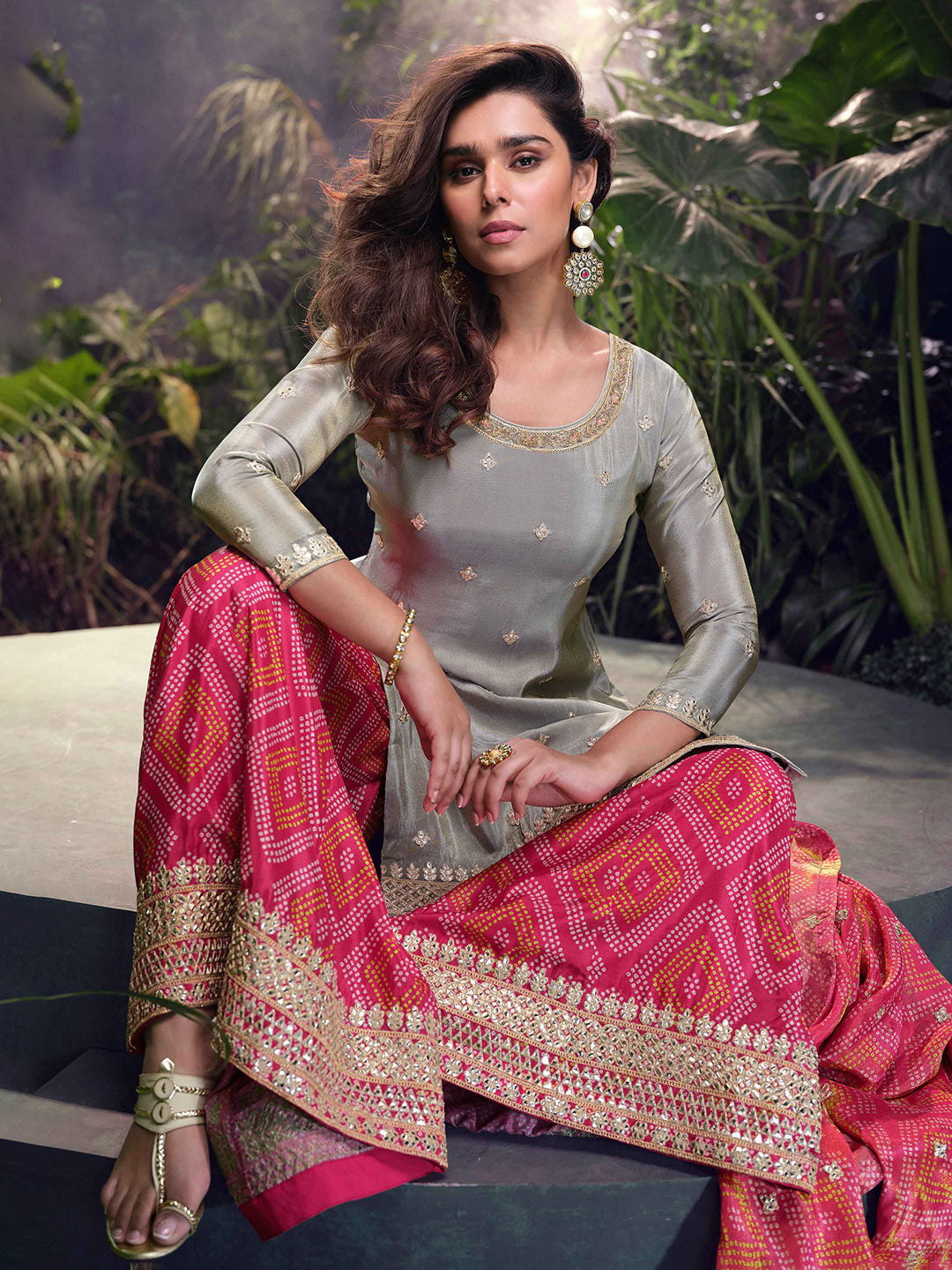 Embroidered Chinon Suit With Plazzo &amp; Dupatta