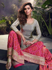 Embroidered Chinon Suit With Plazzo & Dupatta