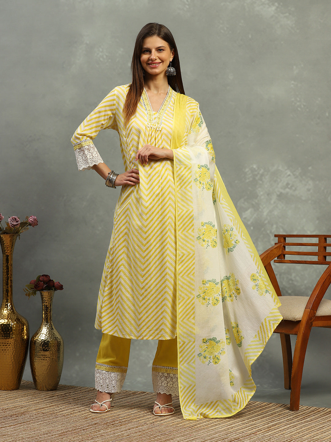 Printed Cotton Blend Kurta With Pants & Dupatta
