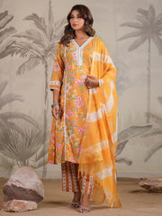 Floral Printed Cotton Blend Kurta With Pants & Dupatta