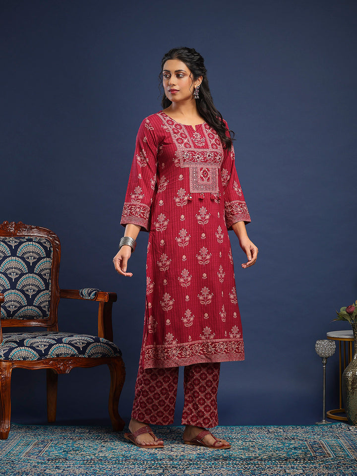 Wine Cotton Blend Printed A Line Suit Set