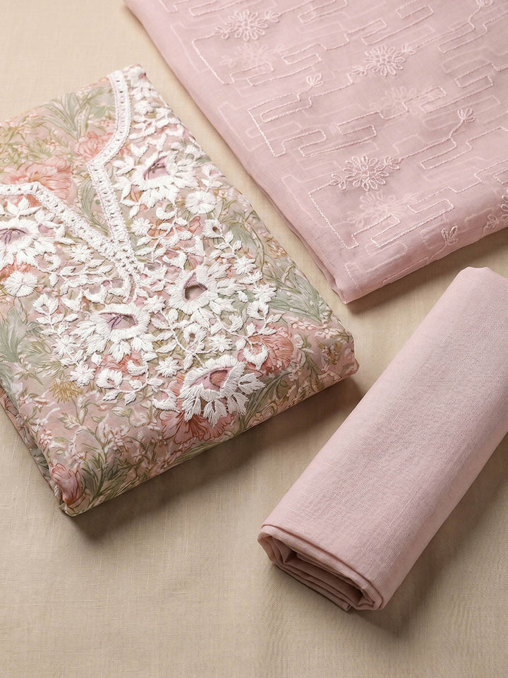 Neck Embroidered Cotton Blend Unstitched Suit With Dupatta