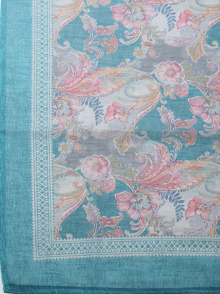 Embroidered Linen Blend Unstitched Suit With Pant &amp; Dupatta
