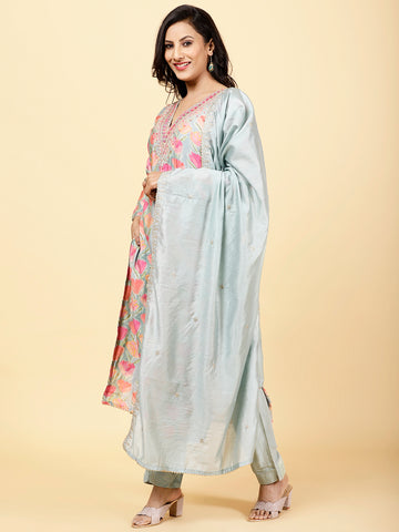 Floral Printed Cotton Kurta With Pants & Dupatta