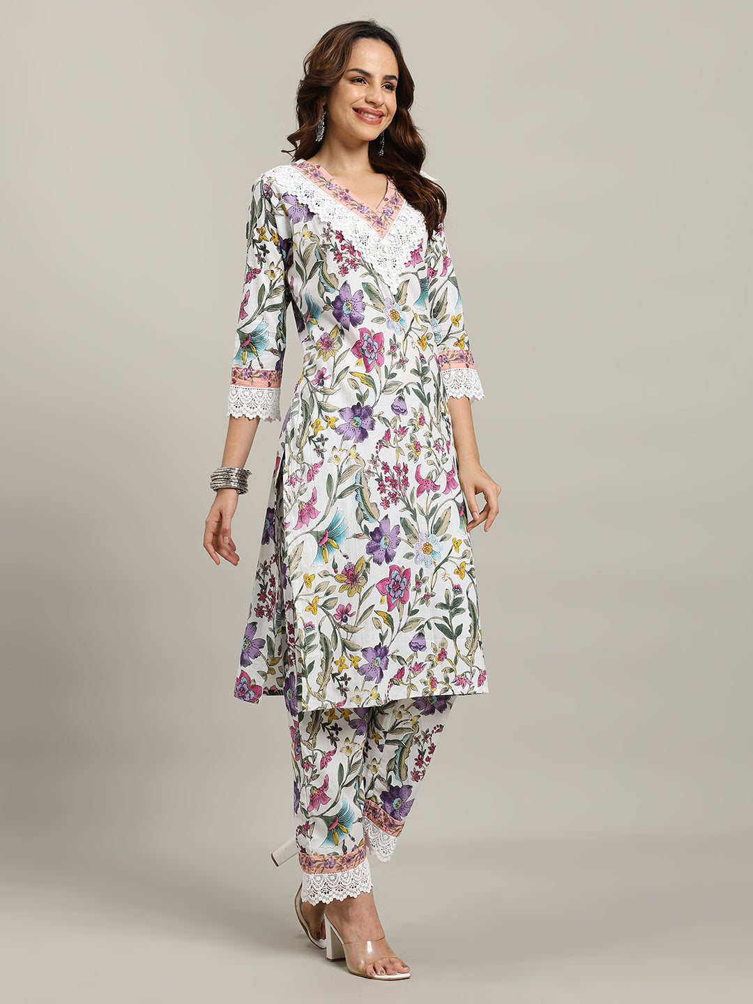 Floral Parinted Cotton Blend Kurta With Pants &amp; Dupatta