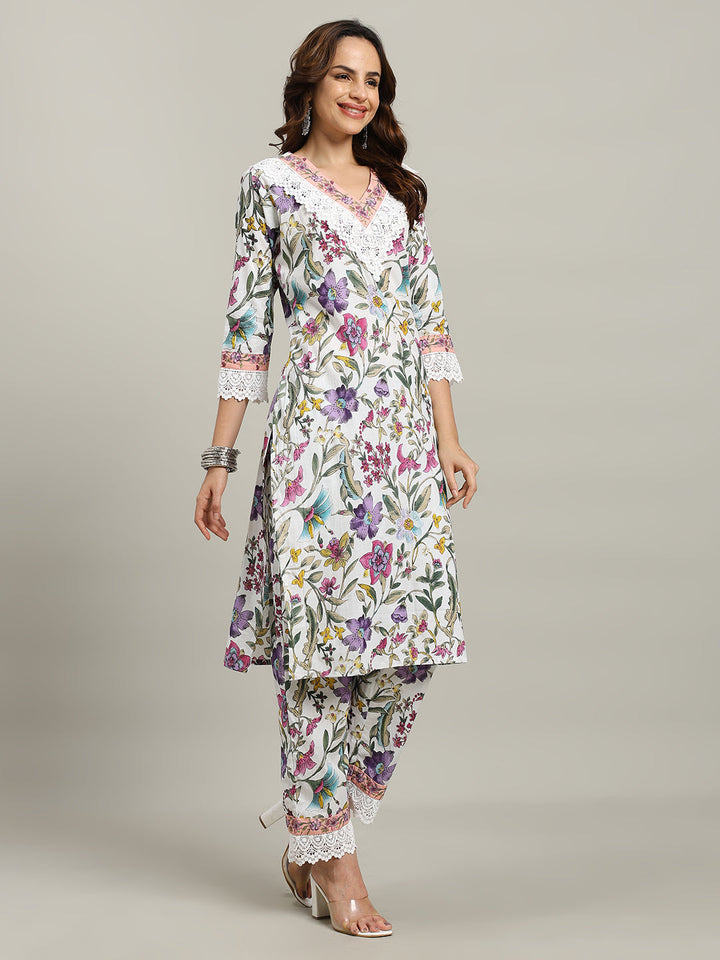 Floral Parinted Cotton Blend Kurta With Pants &amp; Dupatta