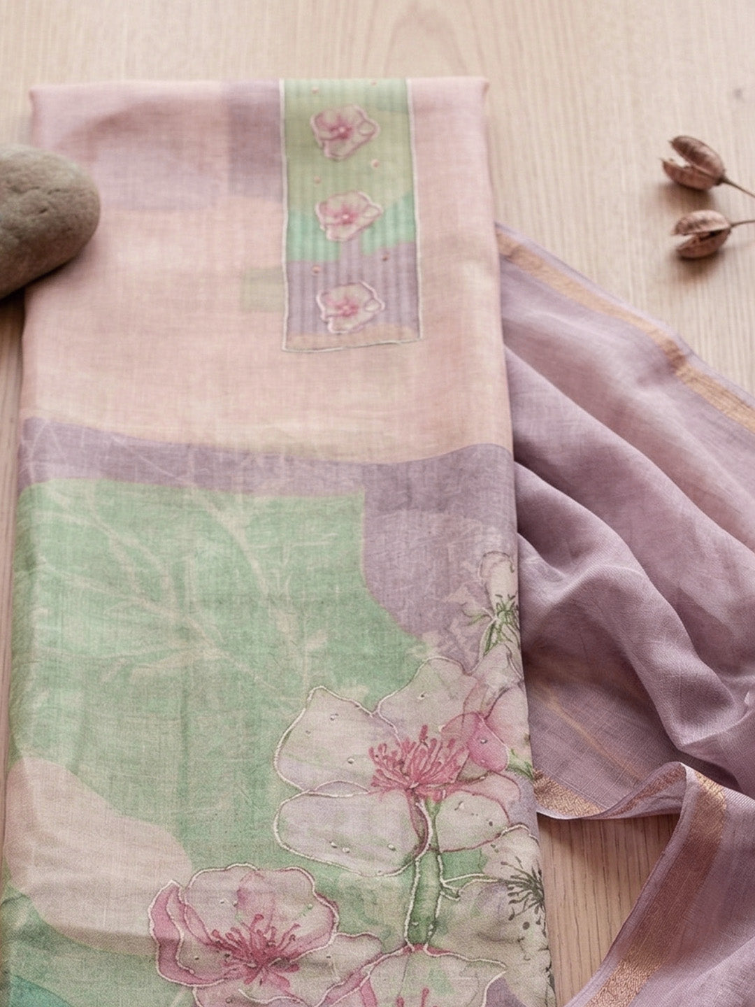 Embroidered Linen Blend Unstitched Suit With Pant &amp; Dupatta