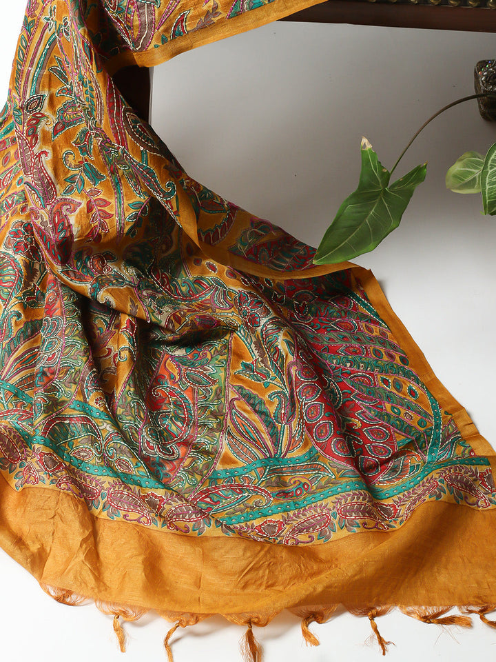 Printed Tussar Unstitched Kurta With Pant &amp; Dupatta