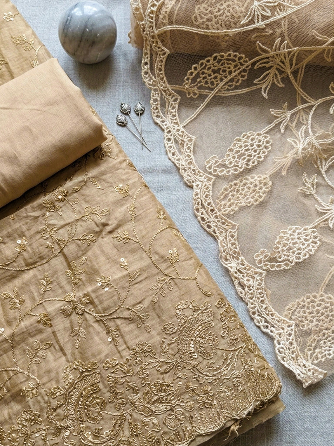 Printed Cotton Blend Unstitched Suit With Pant &amp; Dupatta