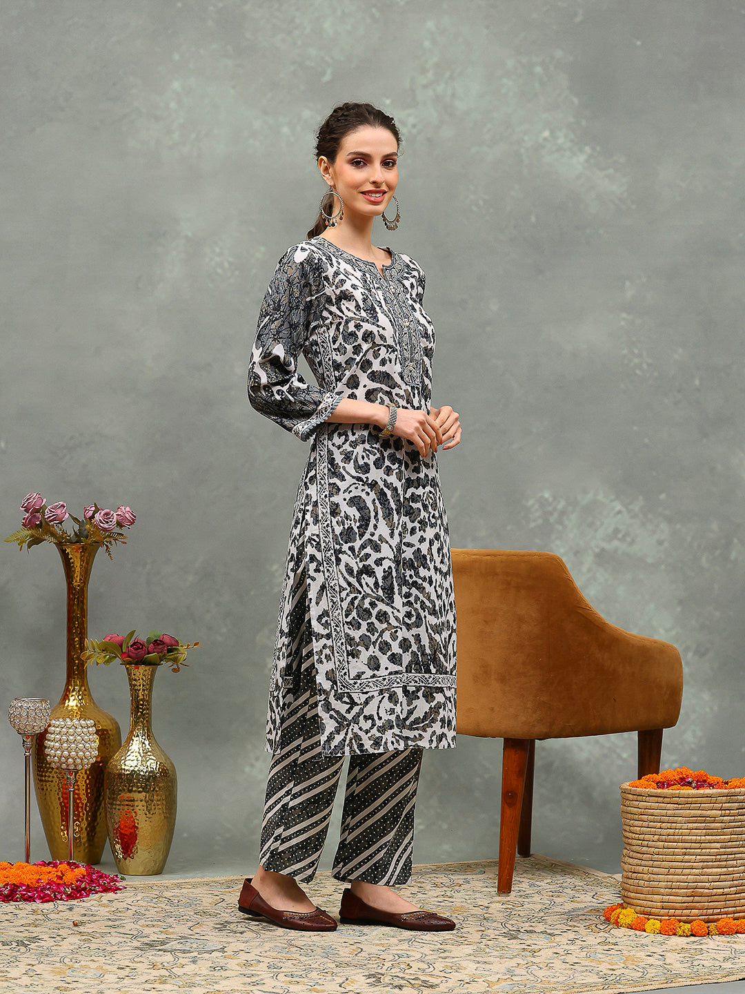 Printed Cotton Kurta With Pants &amp; Dupatta