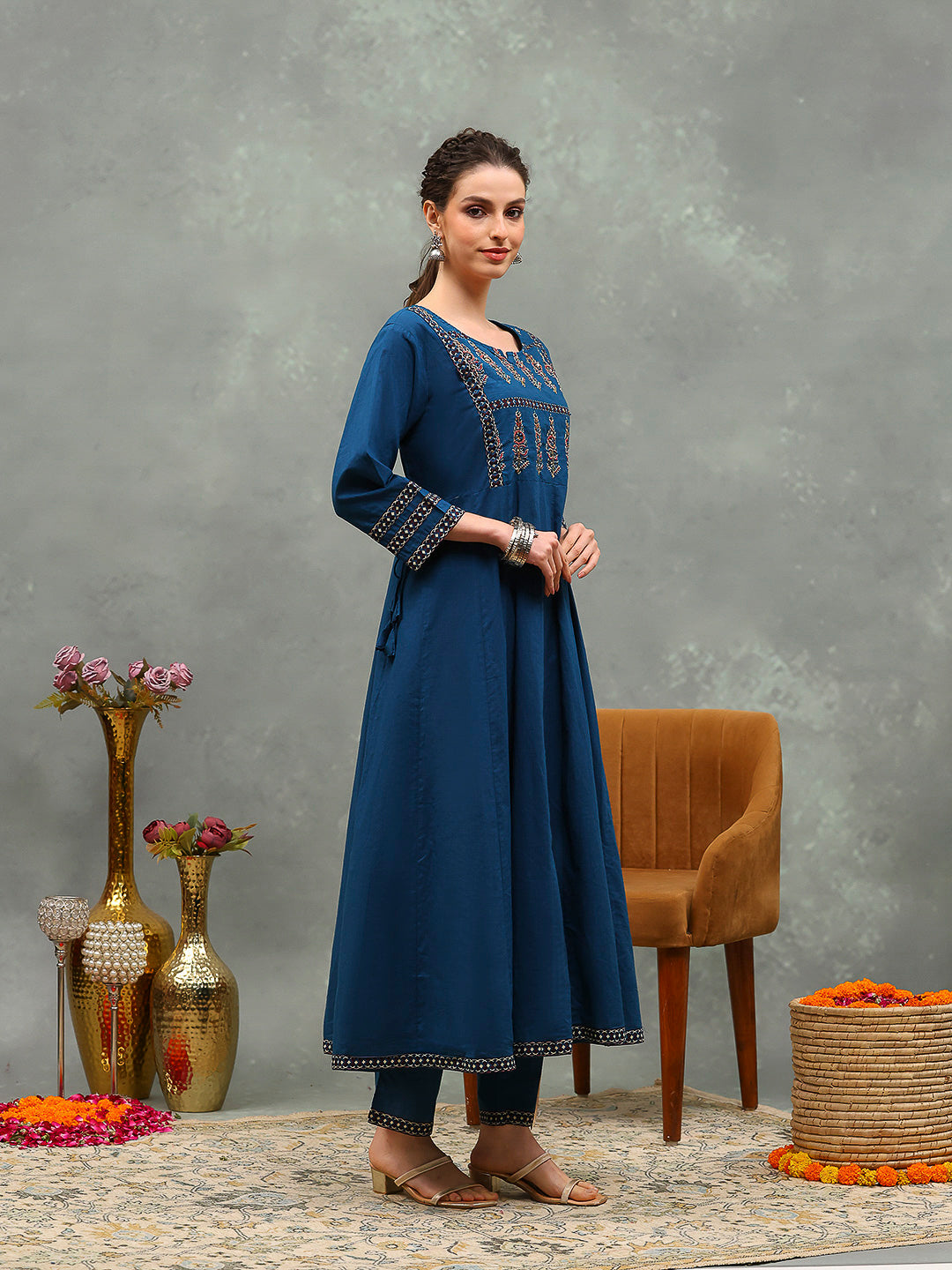 Embroidered Cotton Kurta With Pants & Dupatta
