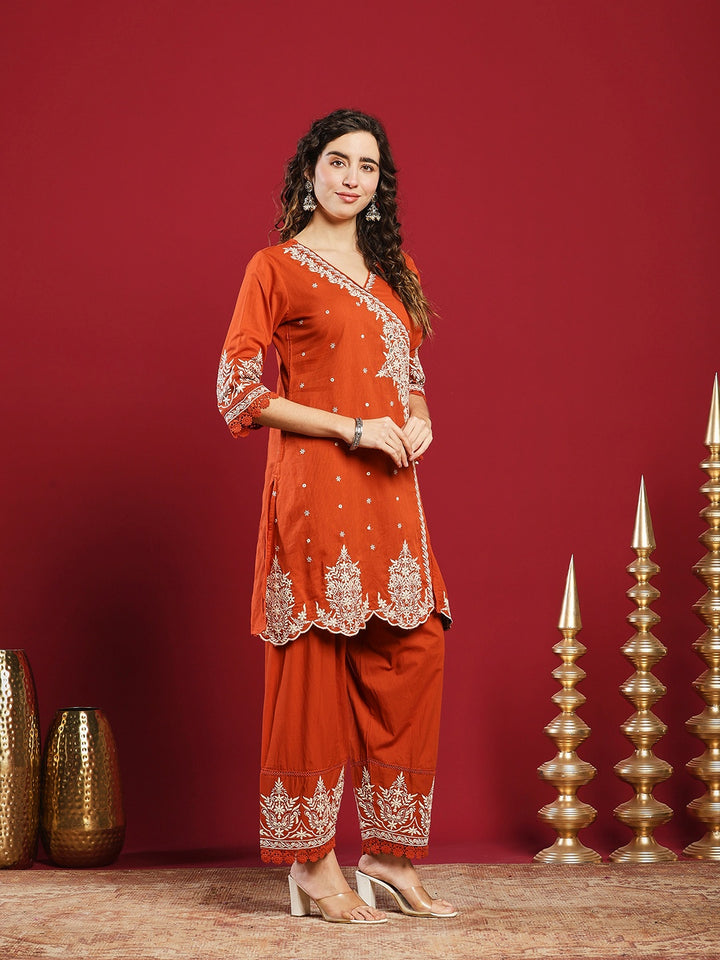 Embroidered Cotton Kurta With Pant &amp; Dupatta