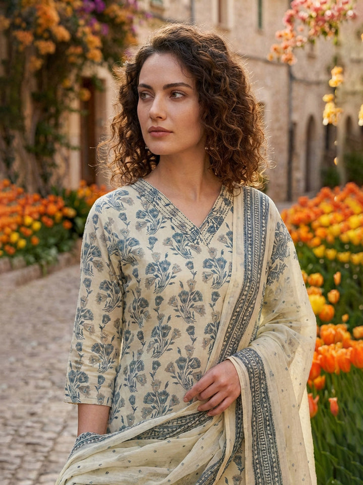Printed Cotton Blend Suit With Pant &amp; Dupatta