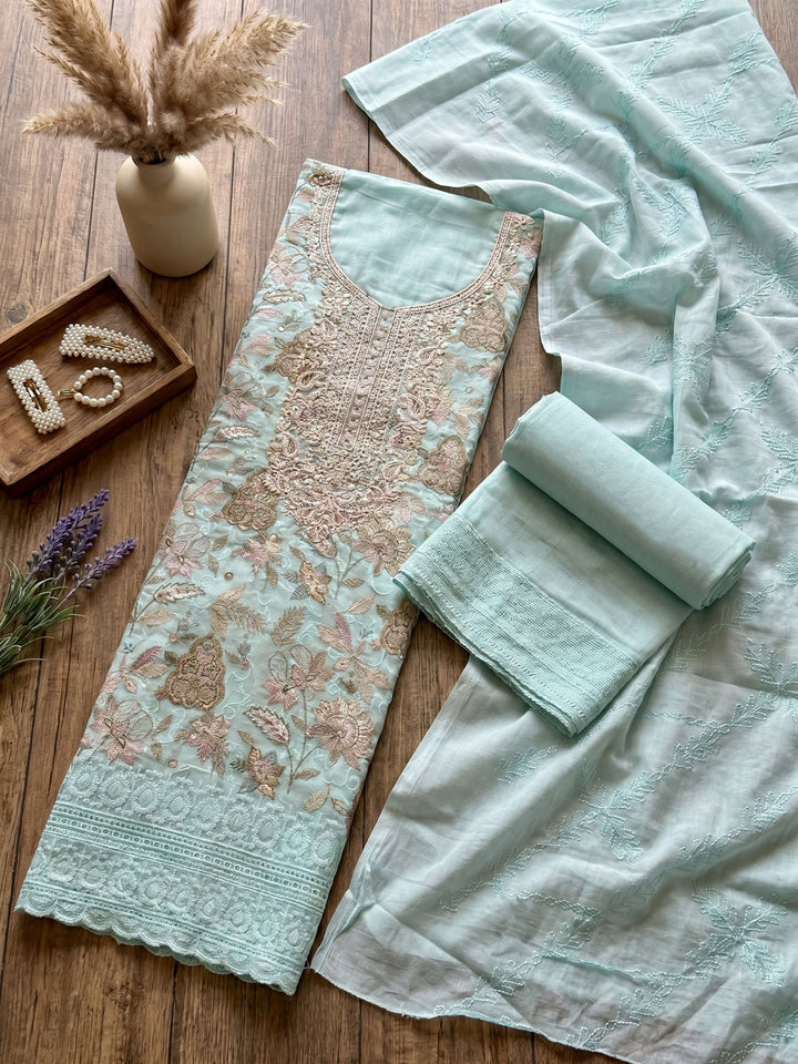 Neck Embroidered Cotton Blend Unstitched Suit With Dupatta