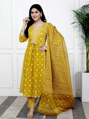 Printed Cotton Blend Kurta With Pants & Dupatta