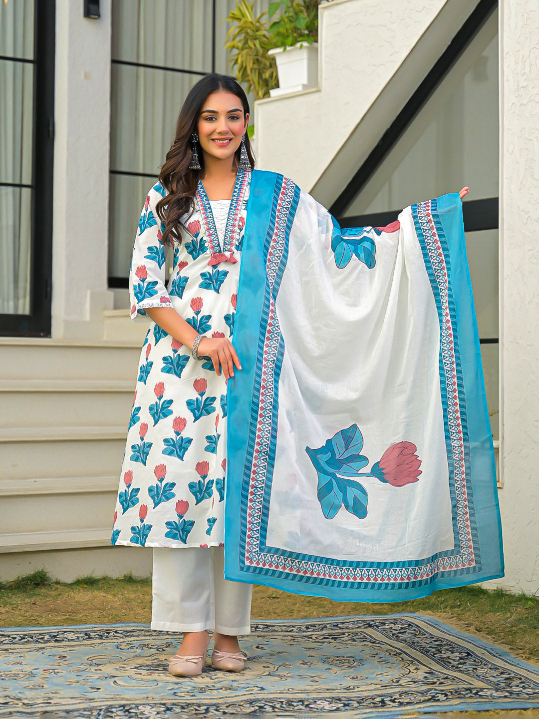 Blue Printed Cotton Blend Straight Suit Set With Dupatta