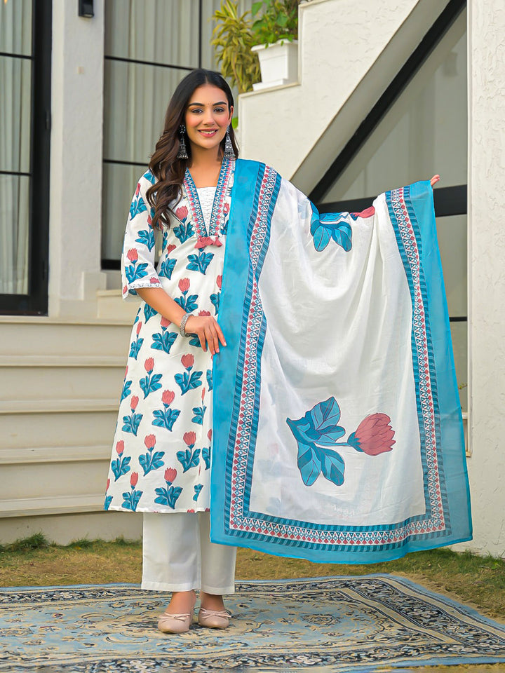 Blue Printed Cotton Blend Straight Suit Set With Dupatta