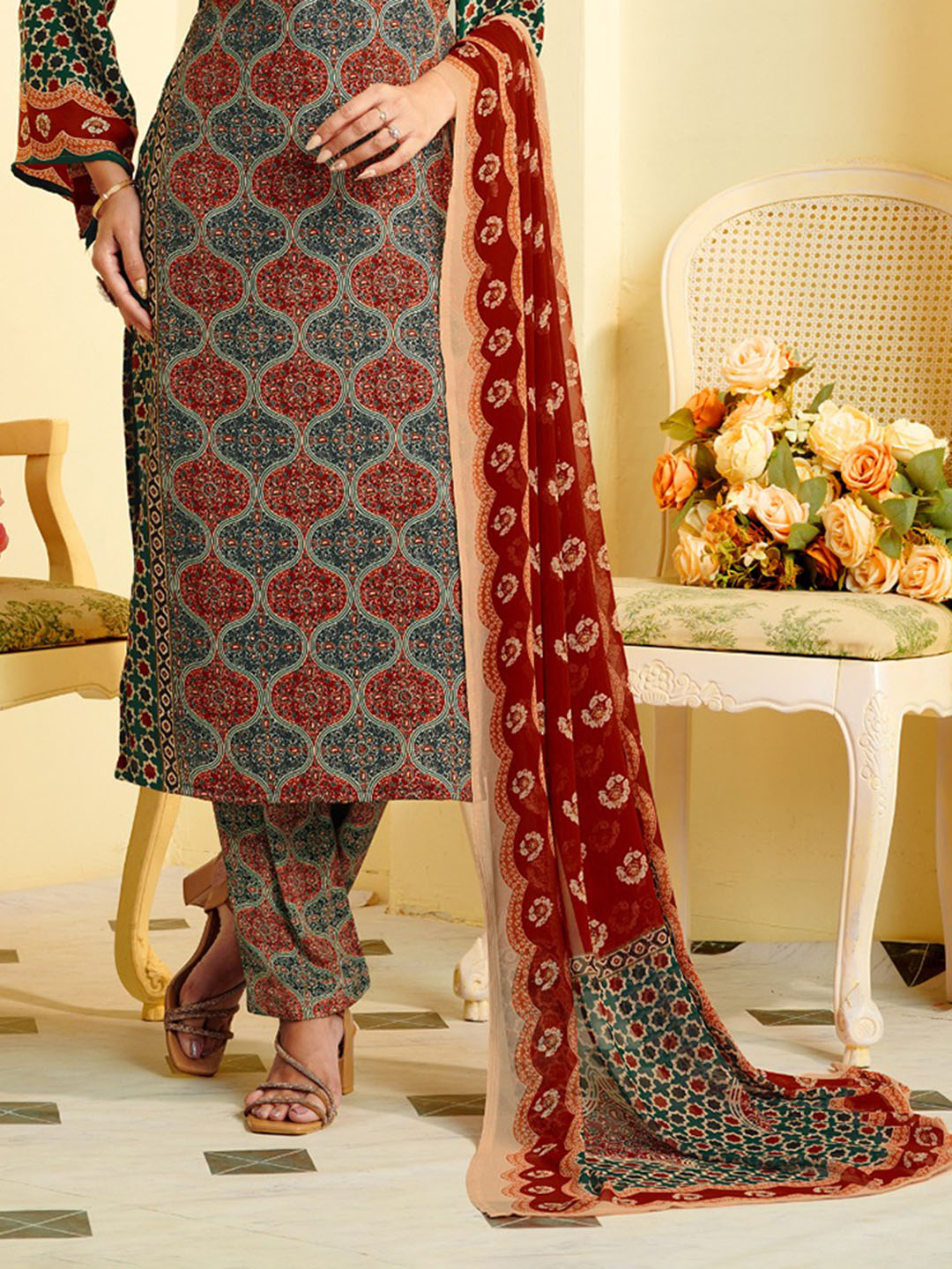 Printed Crepe Unstitched Suit With Pant &amp; Dupatta
