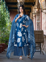 Printed Cotton Blend Kurta With Pants & Dupatta