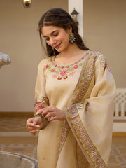 Embroidered Cotton Blend Kurta With Pants & Dupatta
