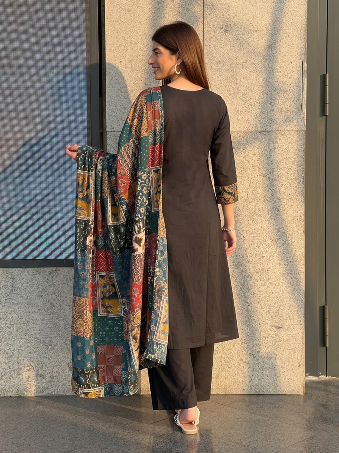 Black Printed Cotton Blend Kurta With Pant &amp; Dupatta