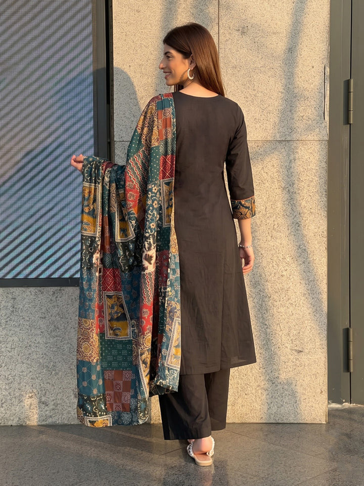 Black Printed Cotton Blend Kurta With Pant &amp; Dupatta