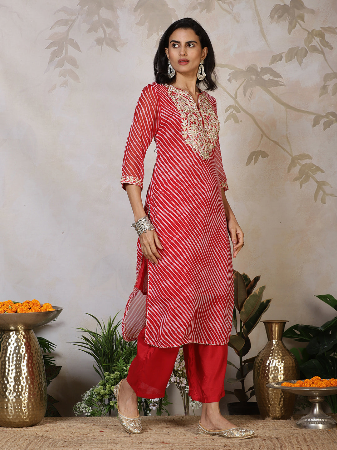 Embroidered Georgette Kurta With Pants & Dupatta