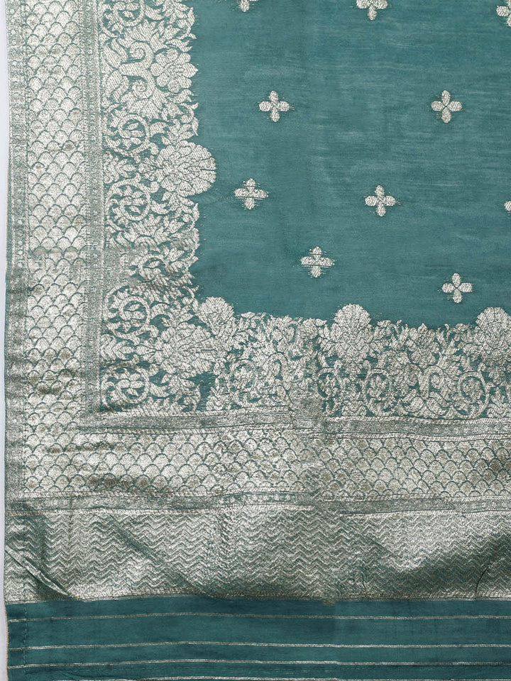 Embroidered Chanderi Unstitched Suit With Pant &amp; Dupatta