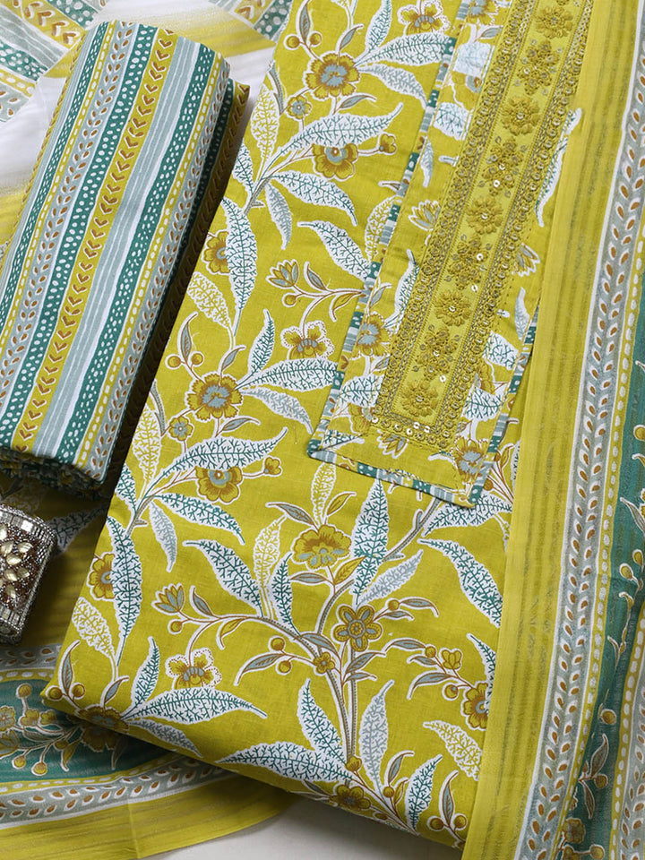 Printed Cotton Blend Unstitched Suit With Pant &amp; Dupatta