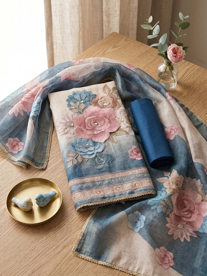 Printed Chanderi Unstitched Suit With Dupatta