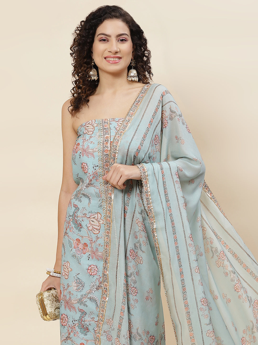 Floral Printed Linen Unstitched Suit Piece With Dupatta
