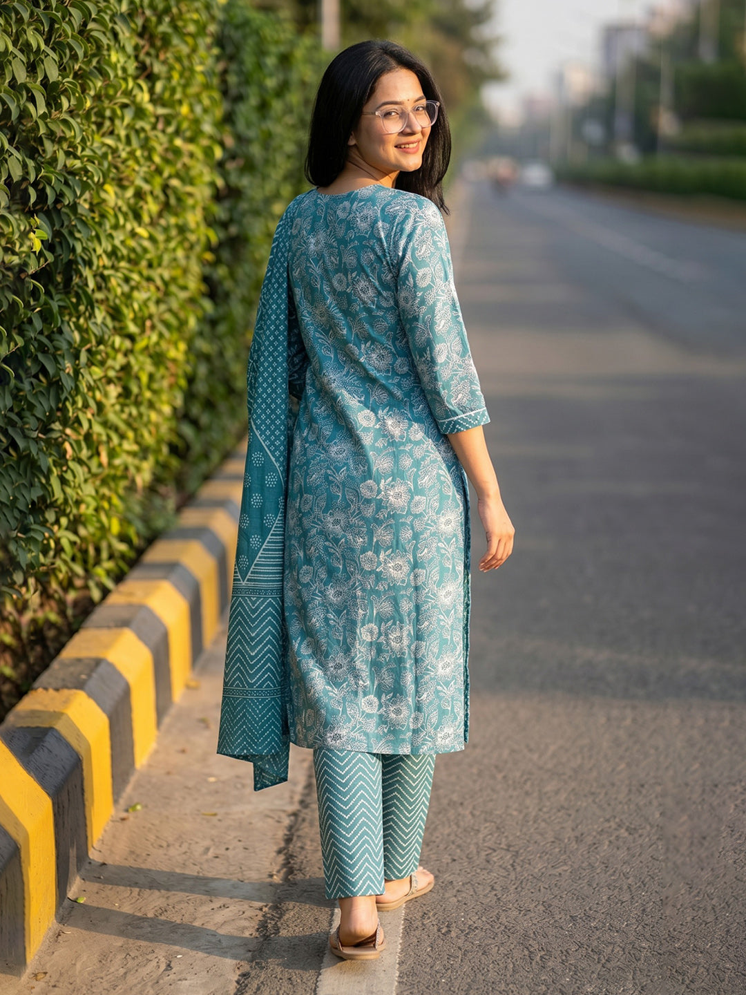 Sky Blue Printed Cotton Blend Straight V Neck Suit Set