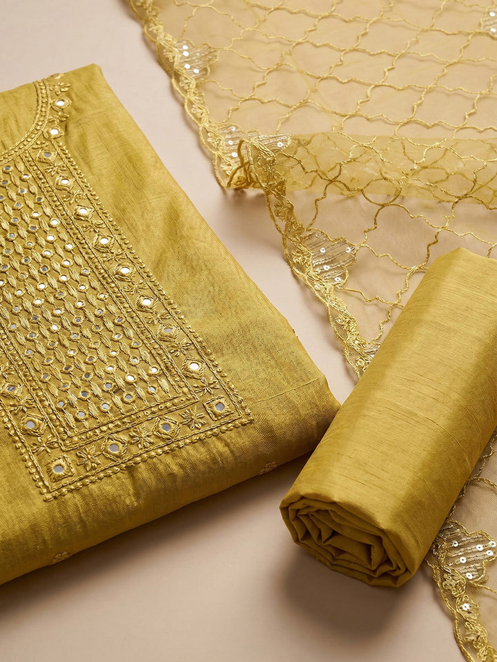 Neck Embroidered Chanderi Unstitched Suit With Dupatta