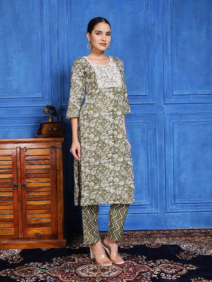 Printed Cotton Blend Kurta With Pants &amp; Dupatta