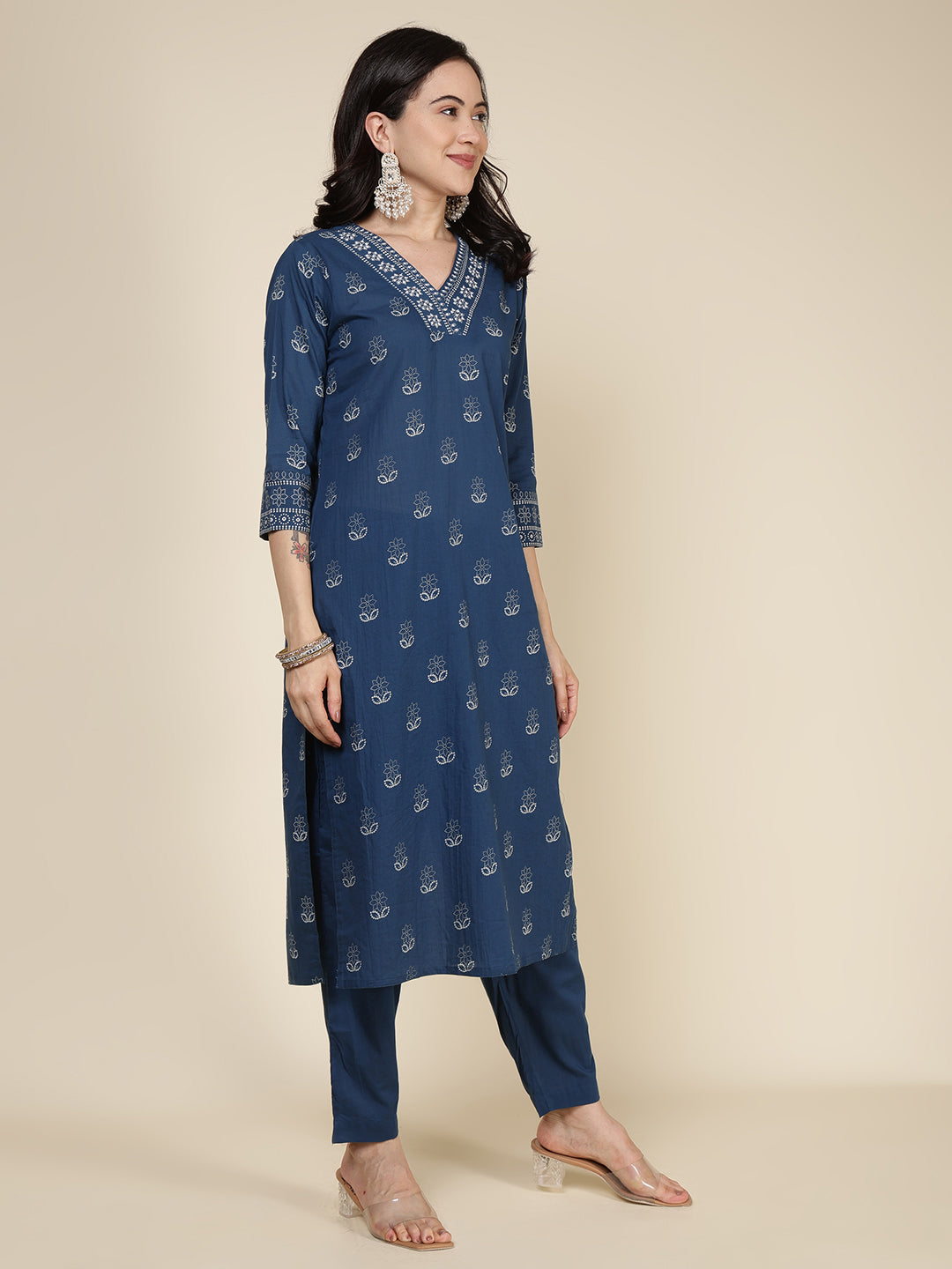 Printed Cotton Blend Kurta With Pants & Dupatta