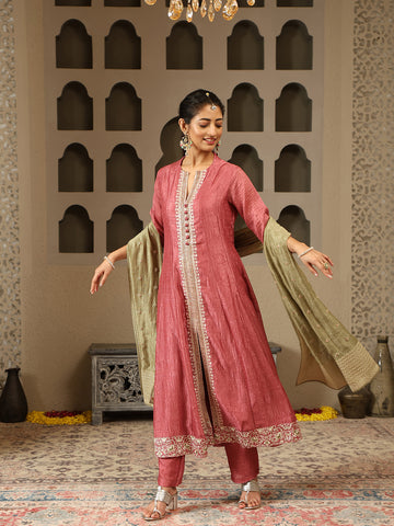 Resham & Zari Embroidery Dupion Kurta With Pants & Dupatta