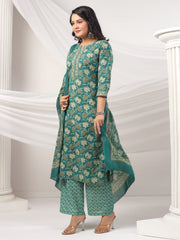 Printed Cotton Blend Kurta With Pants & Dupatta